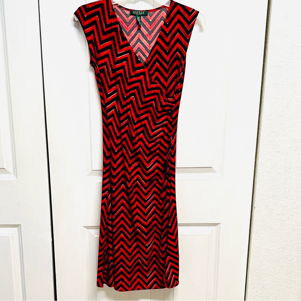 Lauren Ralph Lauren Red & Black Chevron V-Neck Midi Dress Petite Size PXS